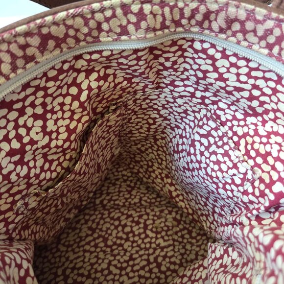 Fossil Tote Red Mod Floral Coated Canvas Keyper Bag Retro Boho Brown Leather - Picture 16 of 16